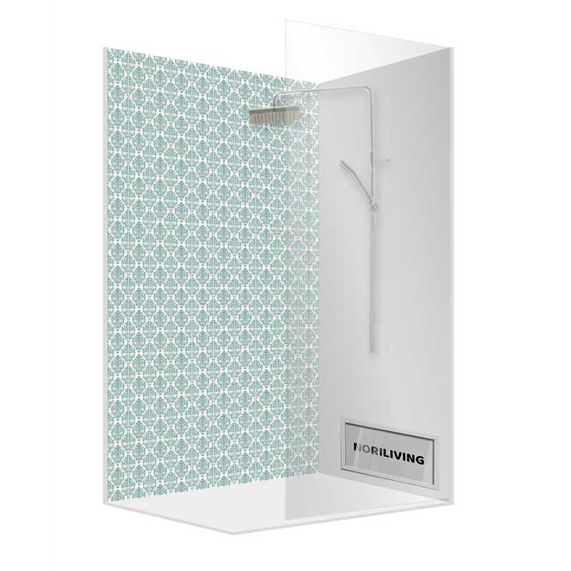 Elegante Duschkabine mit modernem Muster Moderne Duschkabine mit dekorativem blauem Muster und klarer Glastür