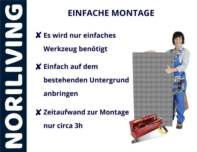NORILIVING - Einfache Montage mit minimalem Werkzeug und Zeitaufwand Person zeigt auf eine Platte mit einfacher Montageanleitung von NORILIVING, benötigtes Werkzeug liegt bereit.