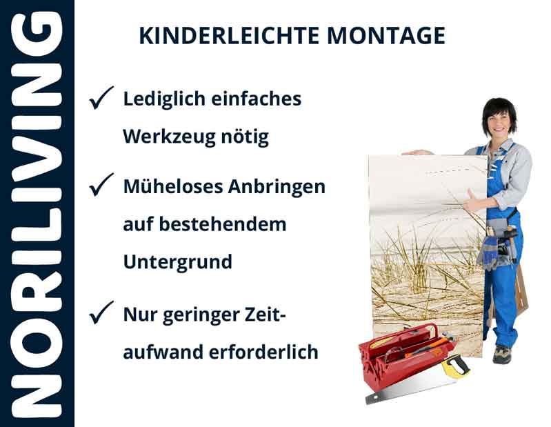 NORILIVING - Kinderleichte Montage von Wandverkleidungen Anleitung zur einfachen Montage mit Noriliving: Nur einfaches Werkzeug nötig, müheloses Anbringen, geringer Zeitaufwand.