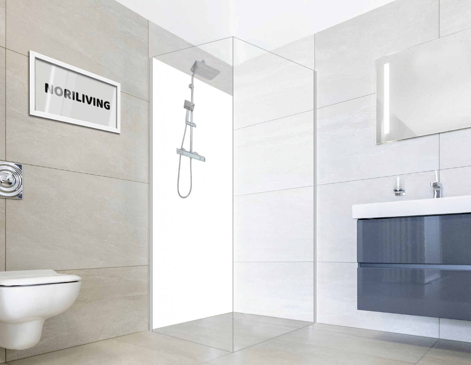 Modernes Badezimmer mit offener Dusche und minimalistischer Einrichtung Ein modernes Badezimmer mit einer offenen Dusche, einem hängenden Waschbecken und einer Toilette, sowie beigefarbenen Wänden und einem Spiegel.