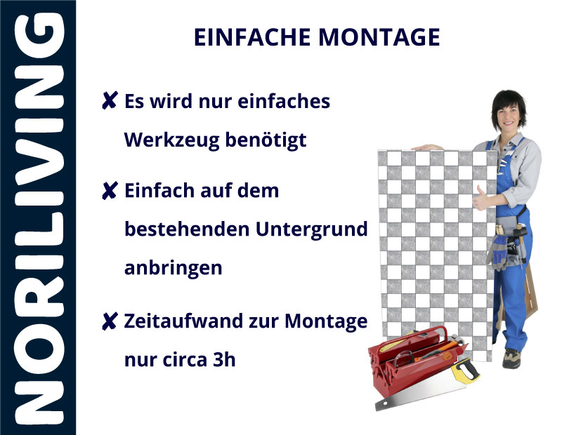 Einfache Montage von Noriliving Produkten – Werkzeug und Anleitung Person neben Noriliving Produkt mit Montageanleitung: Einfaches Werkzeug, schnelle Anbringung, ca. 3 Stunden Aufwand.