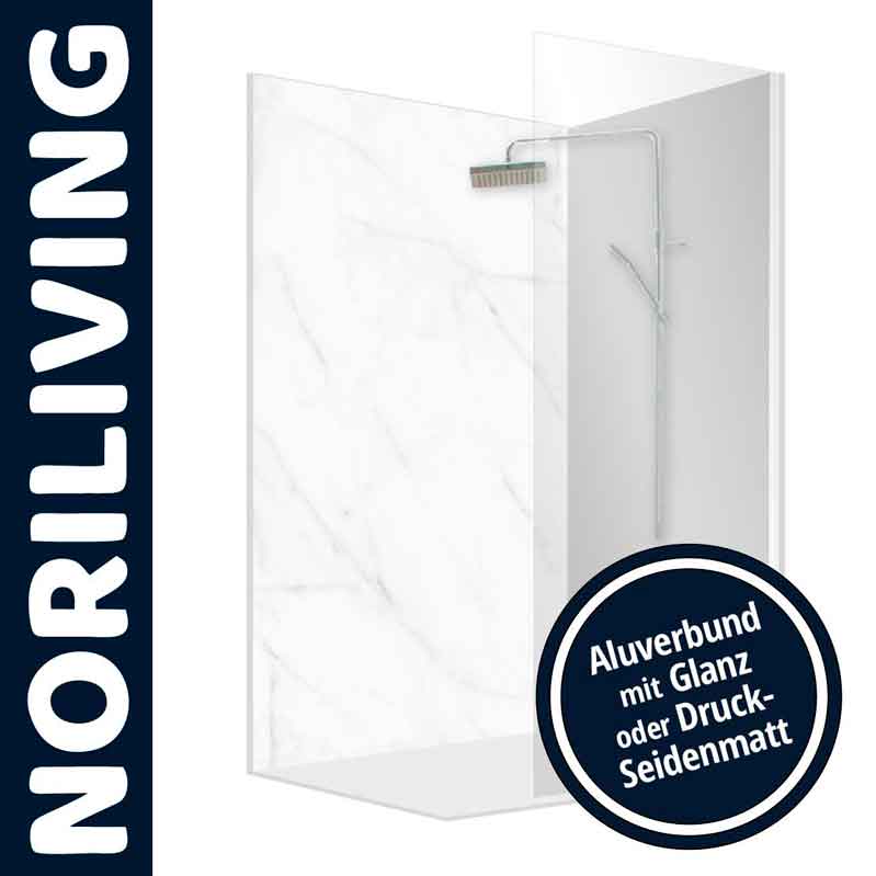 NoriLiving Duschwand aus Aluverbund mit Glanz- oder Druck-Seidenmatt Optik Duschwand von NoriLiving aus Aluverbund, Auswahl zwischen Glanz und Druck-Seidenmatt