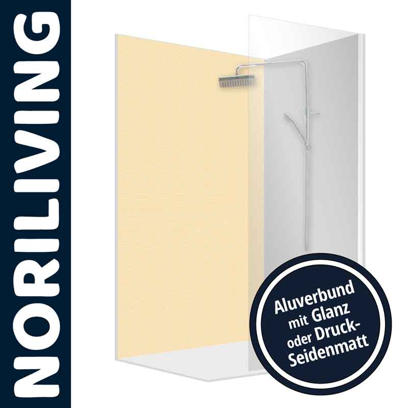NoriLiving Dusche aus Aluverbund mit Glanz- oder Druck-Seidenmatt-Oberfläche Illustration einer NoriLiving Dusche mit Glanz oder Druck-Seidenmatt Oberfläche aus Aluverbund