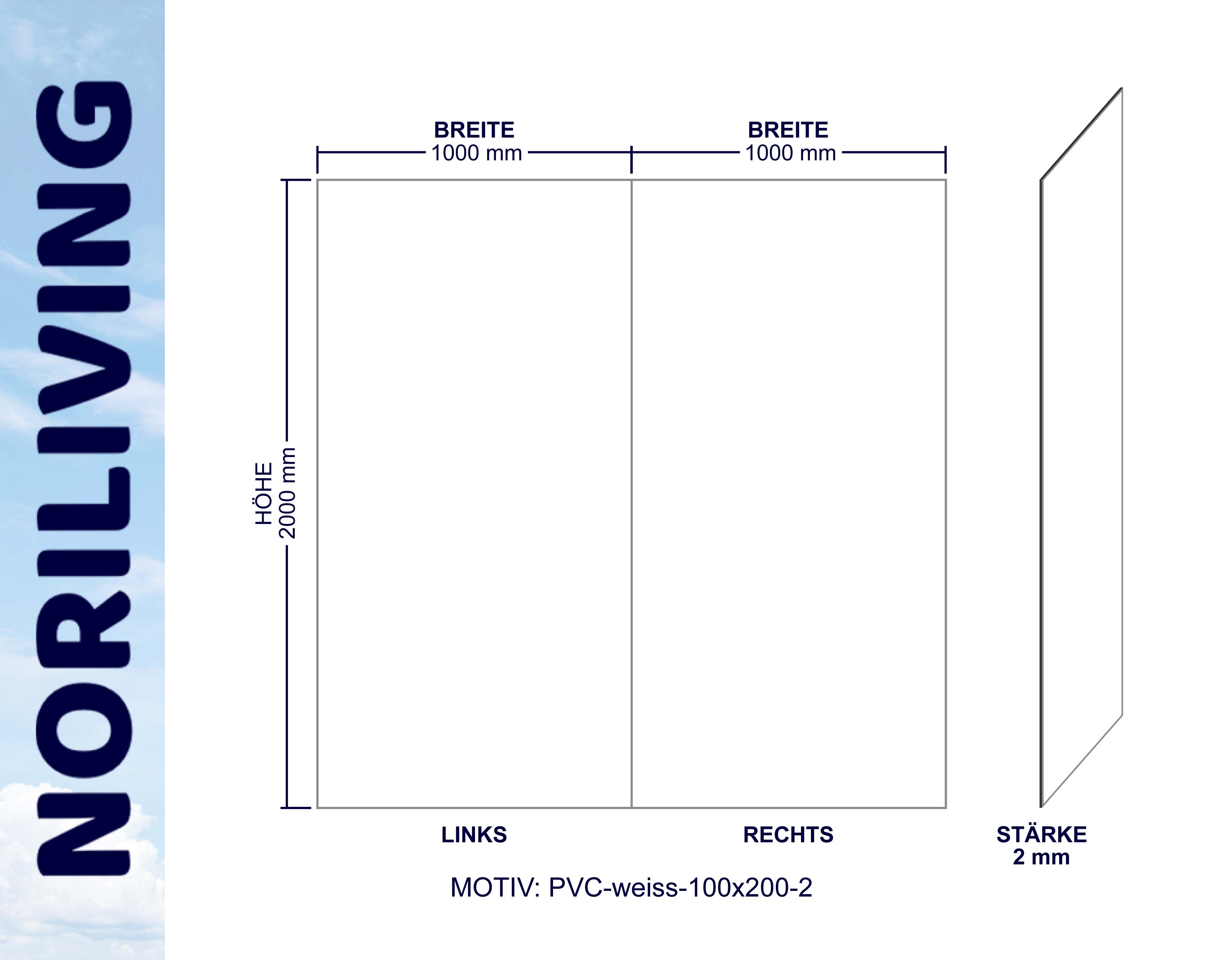 PVC Platte 2000x1000x2 mm - Weiß Technische Zeichnung einer PVC-Platte mit Maßen 2000 mm Höhe, 1000 mm Breite, 2 mm Stärke. Noriliving Branding auf der linken Seite.