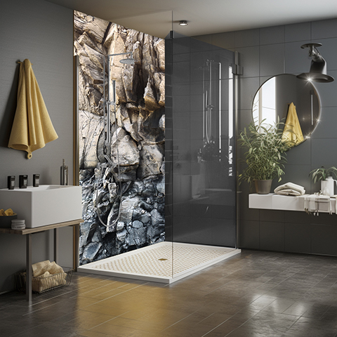 Moderne Badezimmergestaltung mit Naturstein-Dusche Stylisches Badezimmer mit Glasdusche und Natursteinwand, Waschbecken mit Spiegel, Pflanzen und Handtüchern.