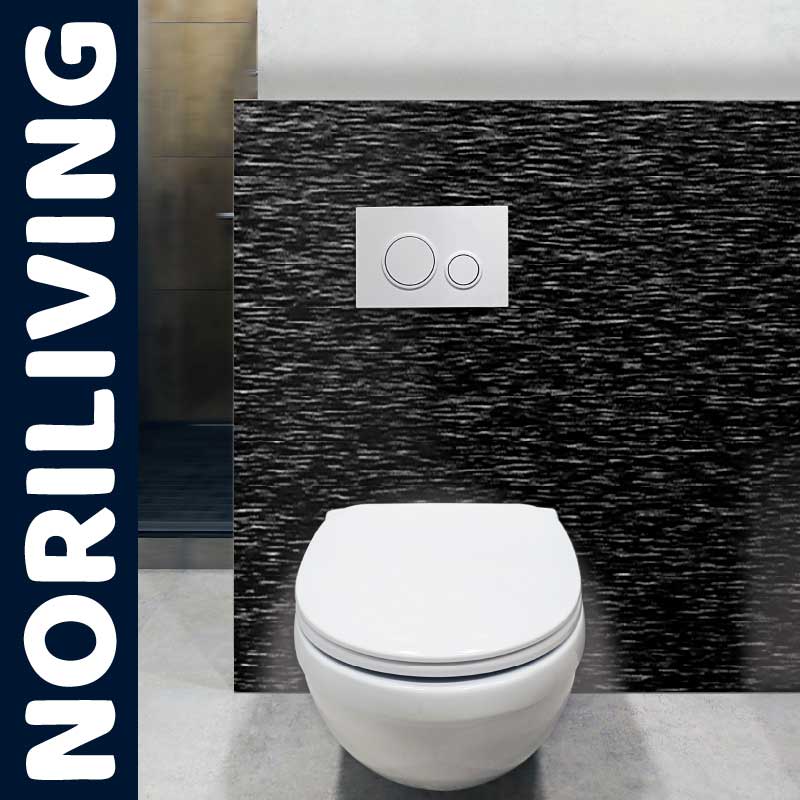 Moderne Wand-WC-Einheit mit schwarzer Verkleidung und weißer Drückerplatte Stilvolle Wand-WC-Einheit von Noriliving mit schwarzer Verkleidung und weißer Drückerplatte