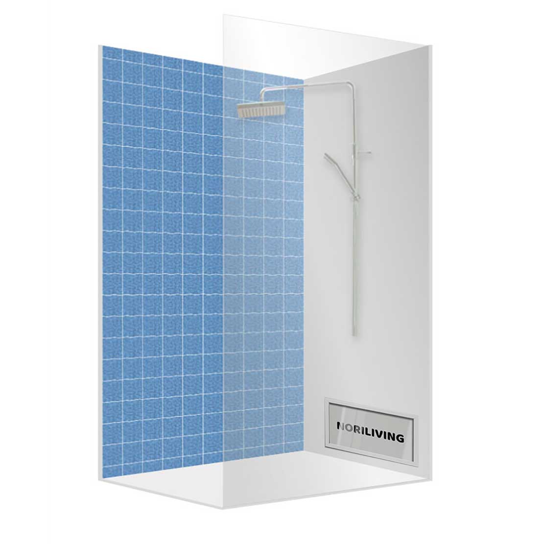 Moderne Duschkabine mit blauen Fliesen und Regendusche Duschkabine mit blauen Fliesen und Regendusche, geeignet für moderne Badezimmer