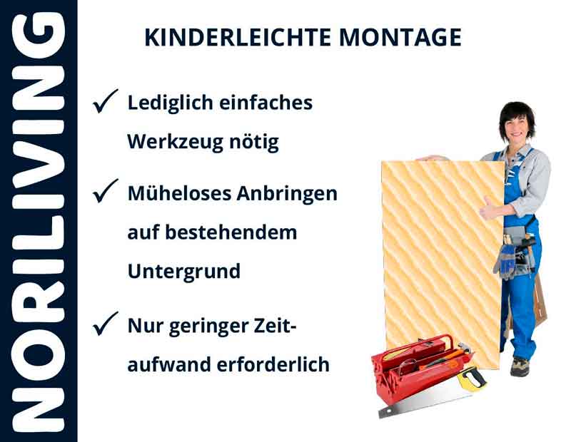 NORILIVING - Kinderleichte Montage mit minimalem Werkzeugaufwand Frau zeigt einfache Montage mit NORILIVING, wenig Werkzeug und Zeitaufwand