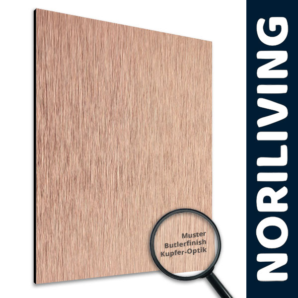 Musterplatte Butlerfinish Kupfer-Optik von Noriliving Nahaufnahme einer Musterplatte mit Butlerfinish in Kupfer-Optik, vorgestellt von Noriliving