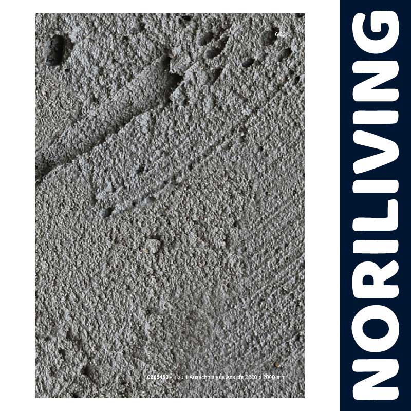 Detailaufnahme einer grauen Betonoberfläche Texturierte graue Betonoberfläche mit erkennbaren Riefen und Vertiefungen. Seitlich der Schriftzug 'Noriliving'.