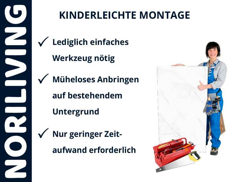 Kinderleichte Montage mit Noriliving - Einfaches Werkzeug, müheloses Anbringen, geringer Zeitaufwand Noriliving Montagehinweise - Einfache Installation mit minimalem Aufwand, Werkzeug abgebildet, Person posiert mit Werkzeug