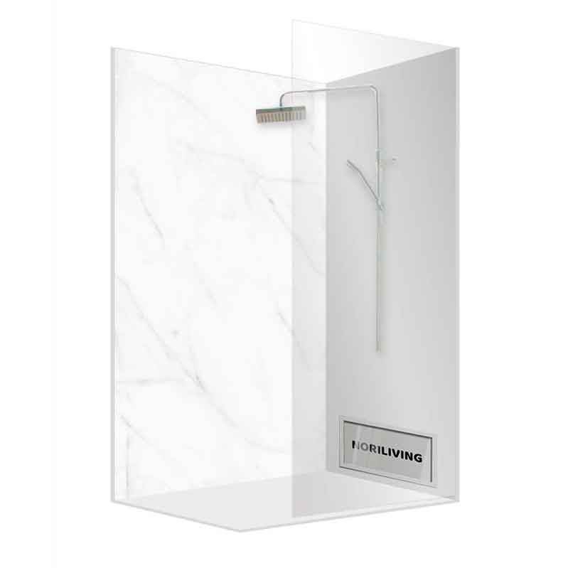 Moderne Duschabtrennung aus Glas mit Marmor-Optik Glas-Duschabtrennung mit Marmor-Optik und Regendusche