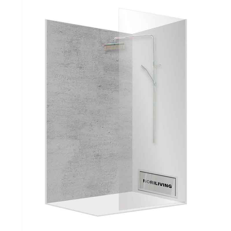 Moderne offene Dusche mit Glaswand und grauer Betonwand Offene Dusche mit Glasabschluss, grauer Betonwand und Hängelampe im minimalistischen Design mit NORILIVING-Logo