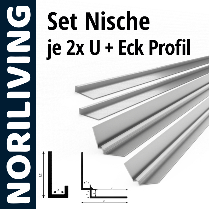 Nischenprofil-Set mit 2x U- und Eckprofil – Noriliving Darstellung eines Nischenprofil-Sets von Noriliving mit je zwei U-Profilen und einem Eckprofil.